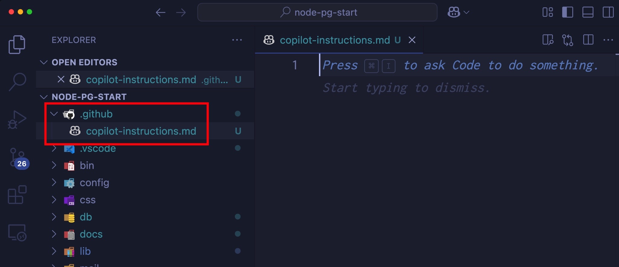 Screenshot showing the Explorer view in VS Code, highlighting the file. The file is still empty.