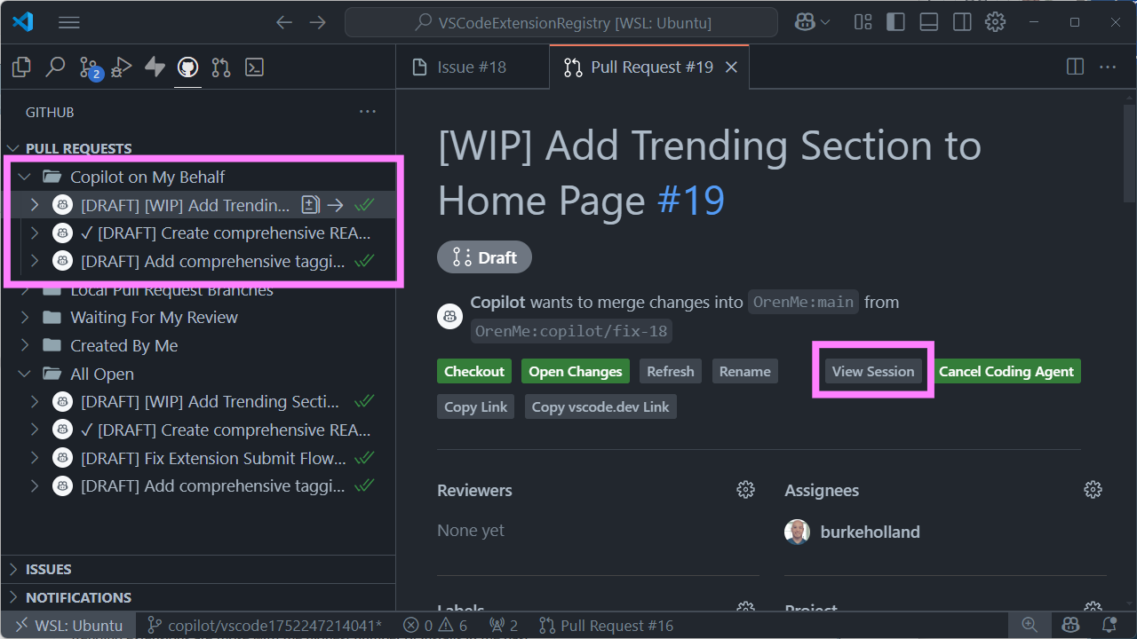 A WIP PR shown under the "Copilot on my behalf" section with the "View Session" button highlighted