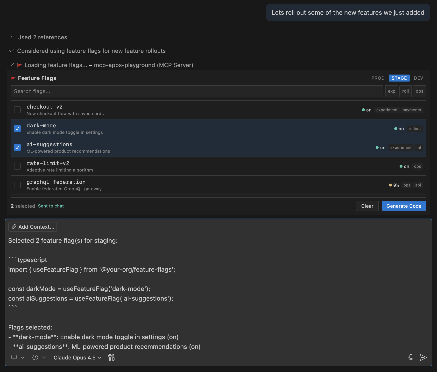 Screenshot showing a feature flag selector with environment tabs in the agent panel.