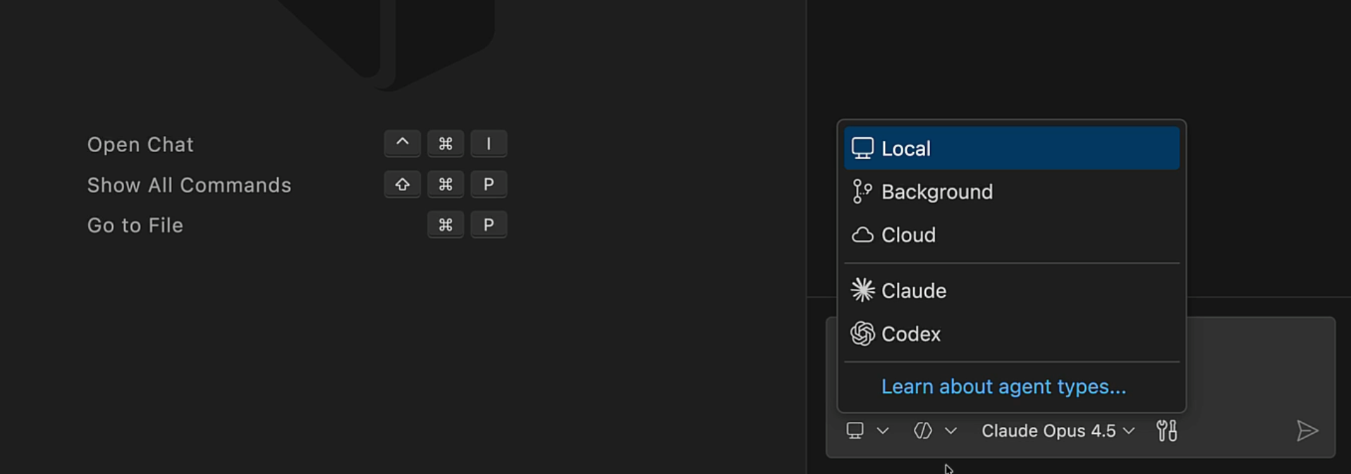Screenshot of the Sessions Type picker in VS Code, showing the Claude and Codex agent options.