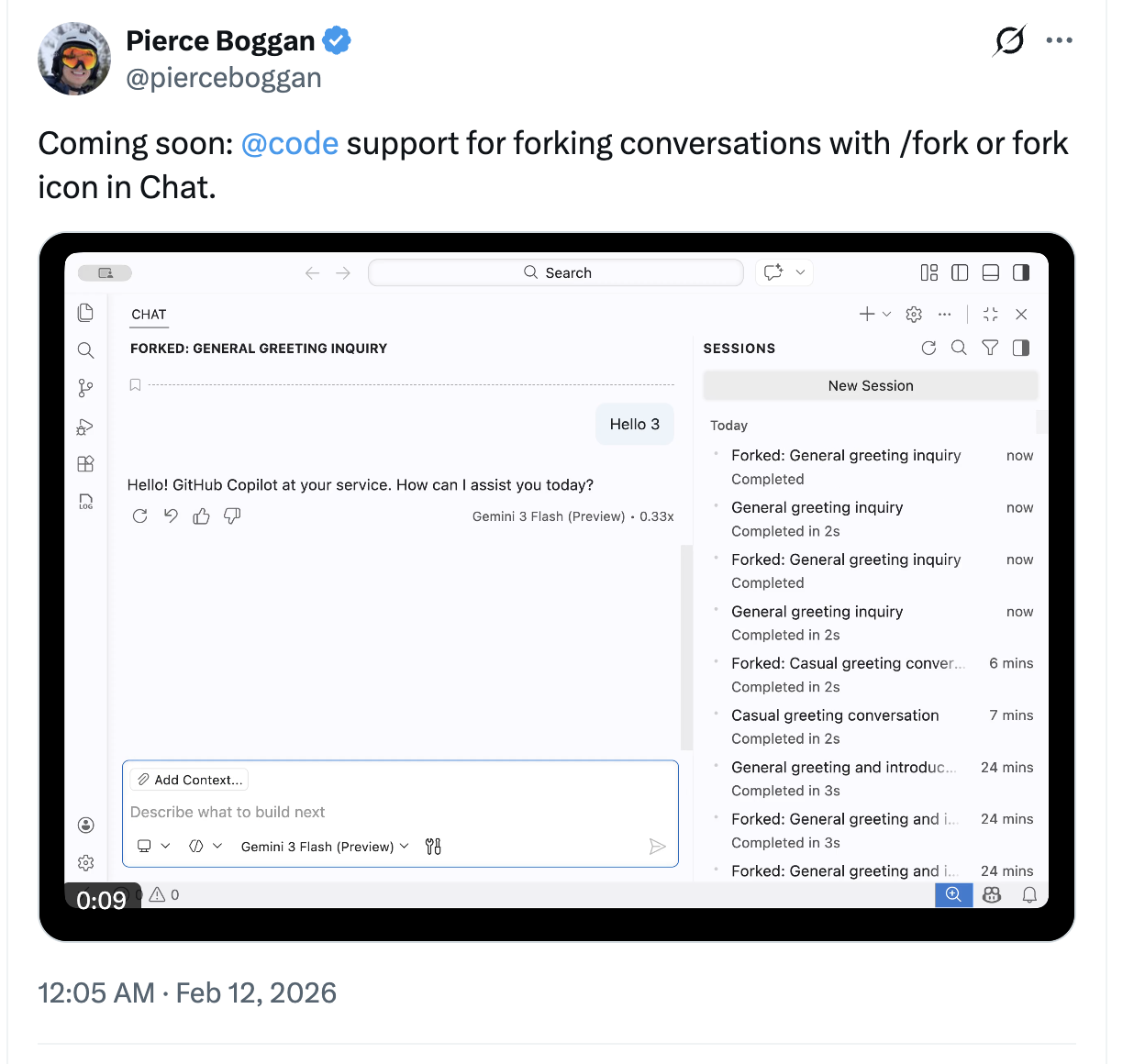 A screenshot of an X post from @pierceboggan sharing that the fork feature is coming to VS Code.