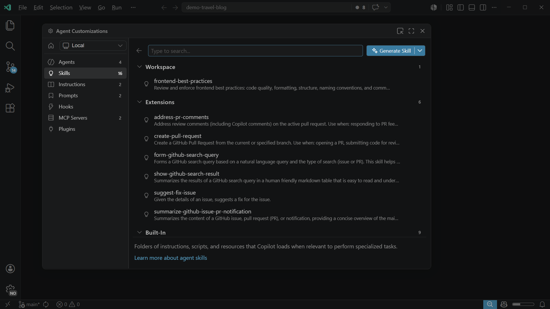 Screenshot of the Agent Customizations editor, showing the sidebar with customization categories and the main view listing custom agents.