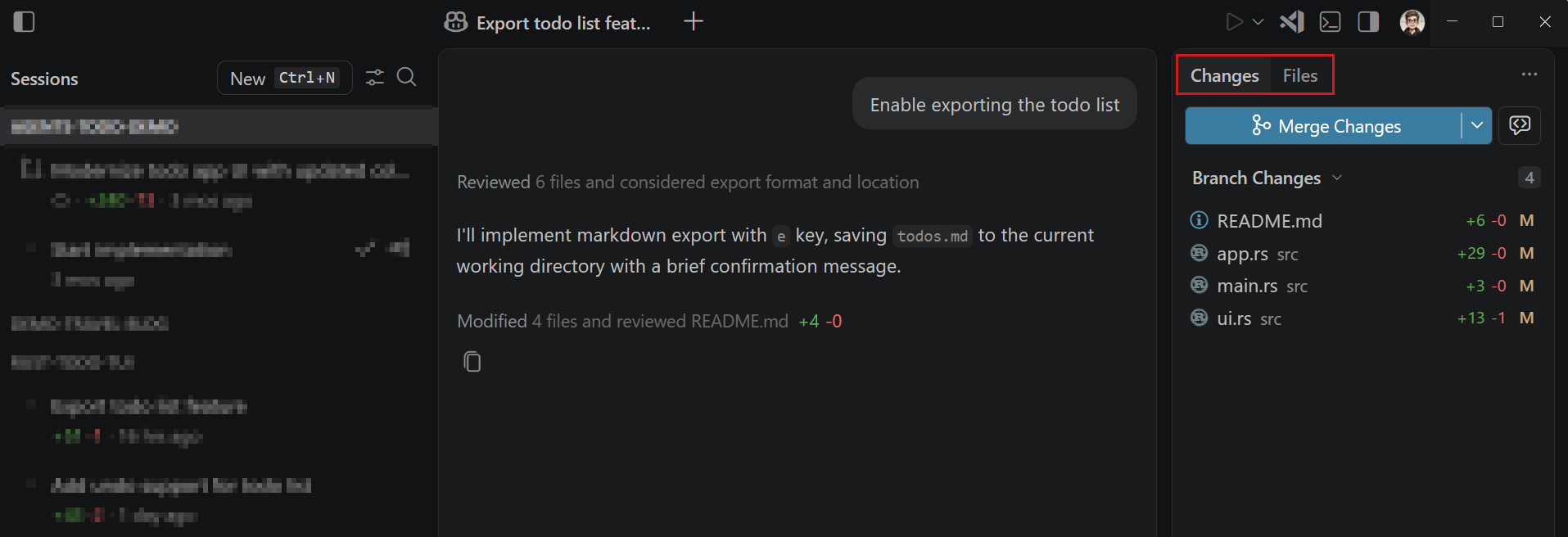 Screenshot showing the Changes panel in the Agents window, highlighting the Changes and Files tabs and the list of edited files.