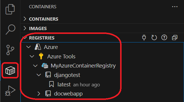 Container Explorer in VS Code showing registries