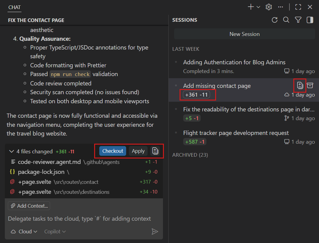 Screenshot of the file changes diff editor in an agent session.