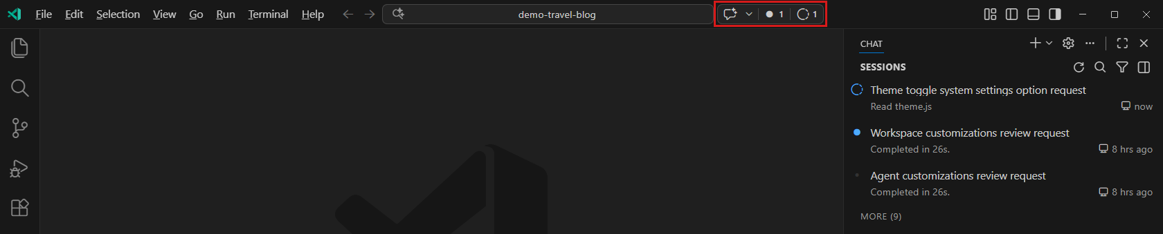 Screenshot showing the Agent Status Indicator in the command center with unread and in-progress badges.