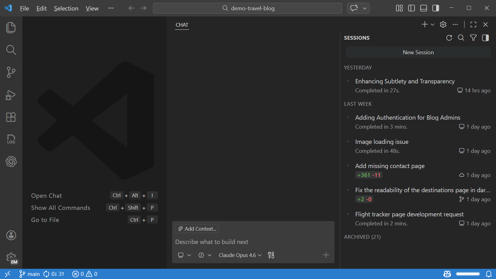 Screenshot of an agent session in VS Code showing code changes and chat interaction.