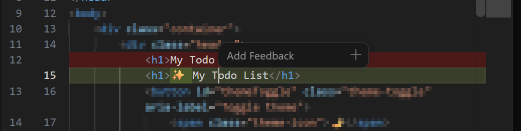 Screenshot showing how to add feedback from the diff view in the Agents window, with the Add Feedback button visible in the toolbar.