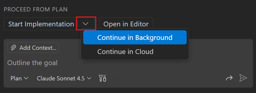 Screenshot showing the "Start Implementation" button in VS Code chat interface.