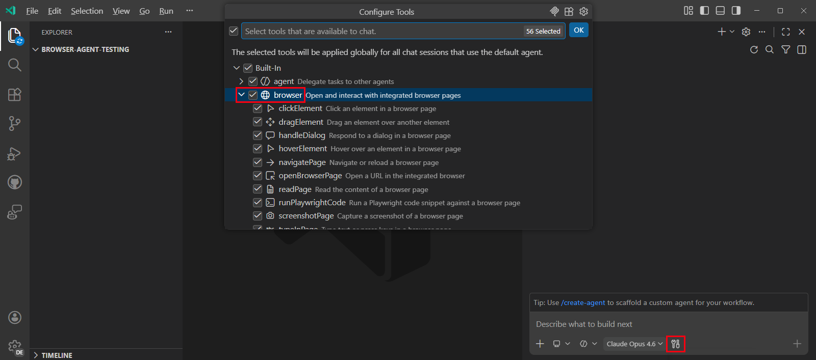 Screenshot showing the chat tools picker with browser tools enabled.