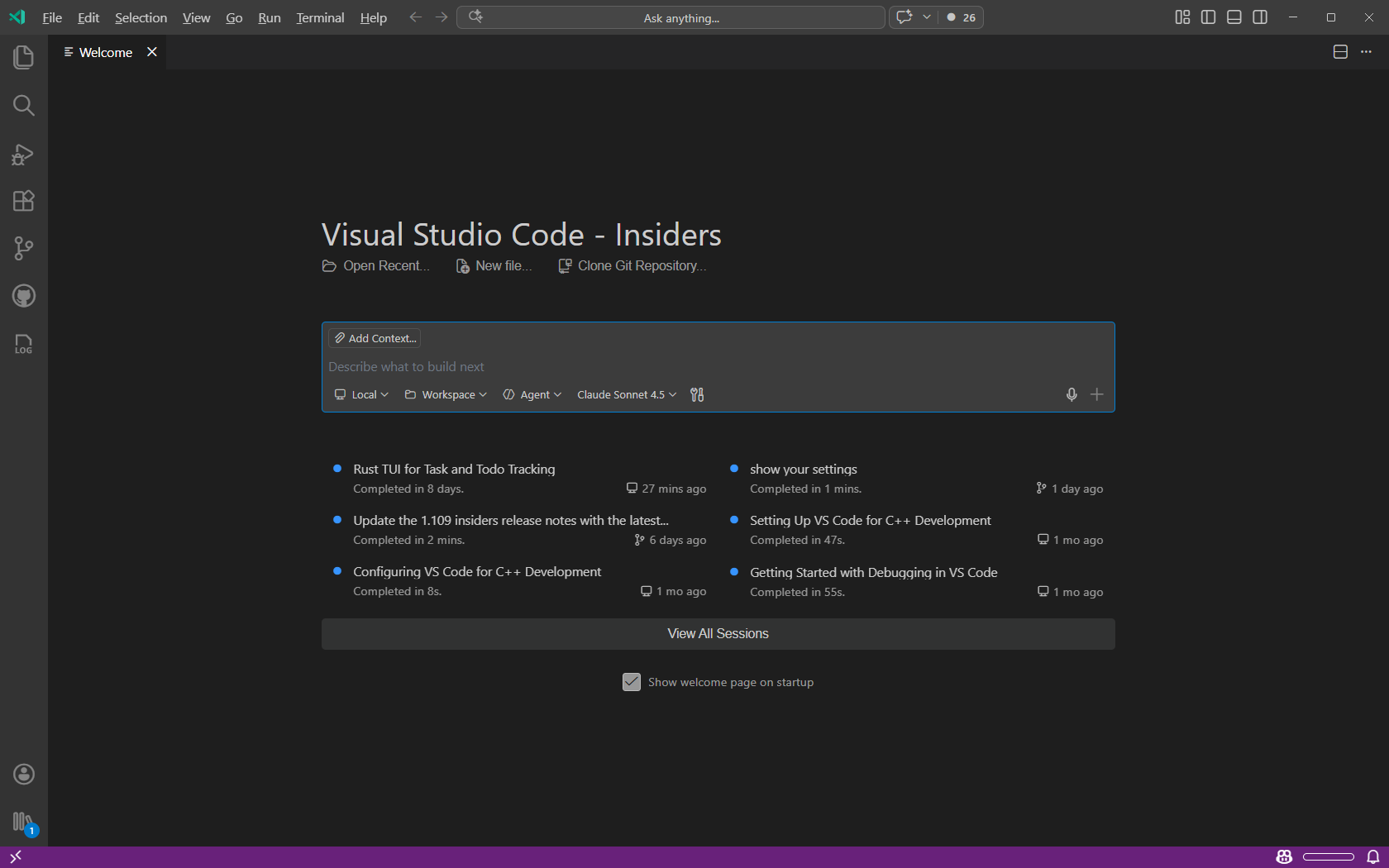 Screenshot of the VS Code welcome page showing recent chat sessions and embedded chat.