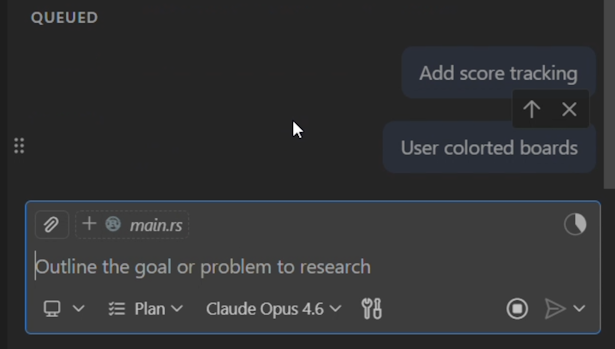 Screenshot of pending messages in the chat input box with drag handles to reorder them.