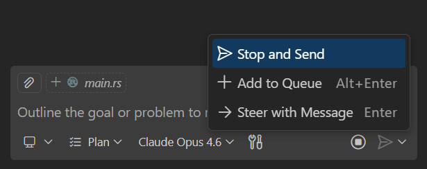 Screenshot of the Send button dropdown menu showing options to queue, steer, or stop and send a new message.