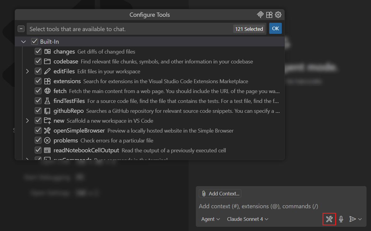 Screenshot showing the Chat view, highlighting the Configure Tools button in the chat input.