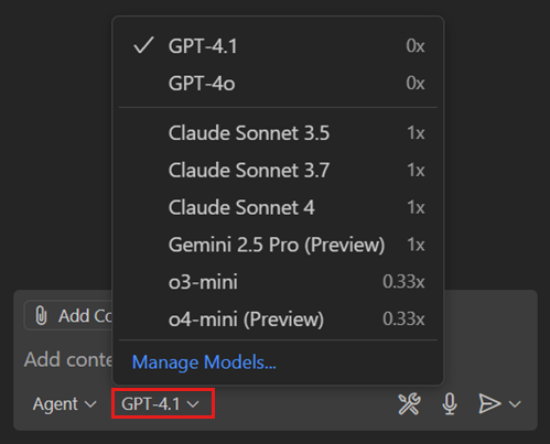 Screenshot of the chat model picker in the Chat view, showing a dropdown list of available models.