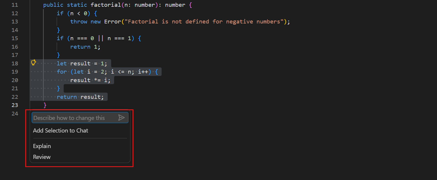 Screenshot showing the inline chat control.