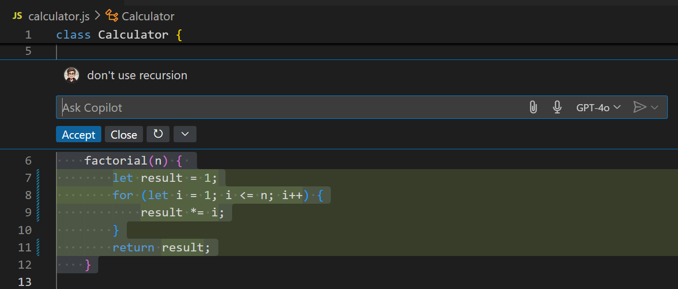 Screenshot of editor inline chat asking to not use recursion for a factorial function.
