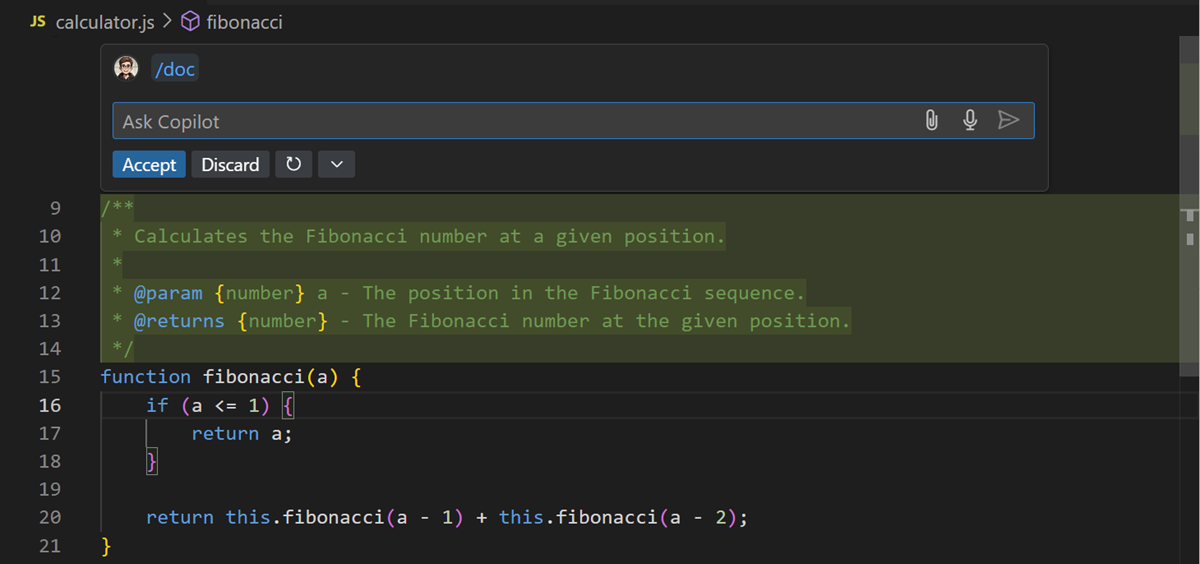 Inline chat /doc example to generate documentation code comments for a calculator class