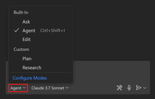 Screenshot showing the Chat view with the chat mode dropdown expanded, displaying different chat mode options.