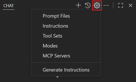 Screenshot showing the Chat view, and Configure Chat menu, highlighting the Configure Chat button.