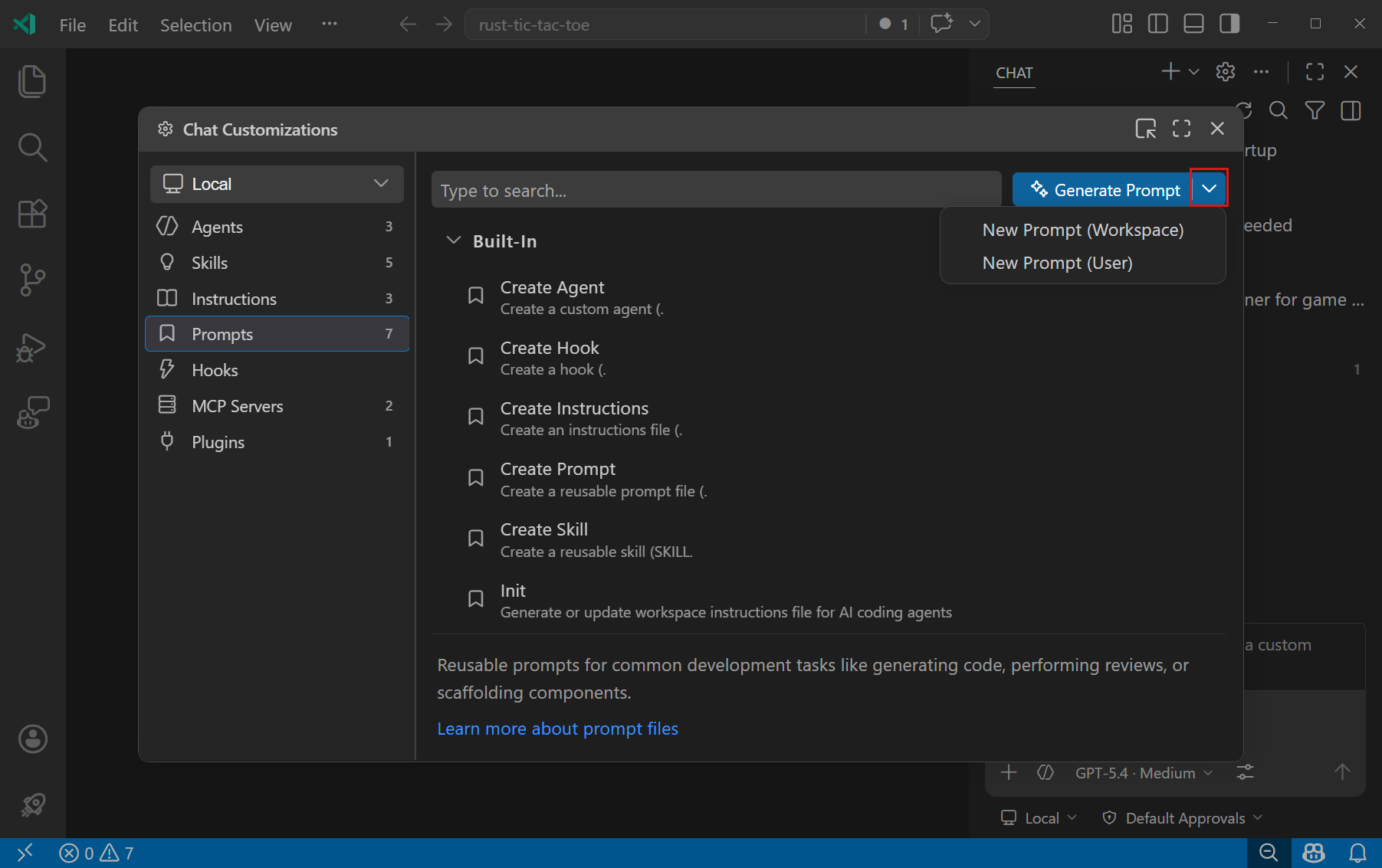 Screenshot of the Chat Customizations editor, showing the Prompts tab and the dropdown to create a new prompt file.