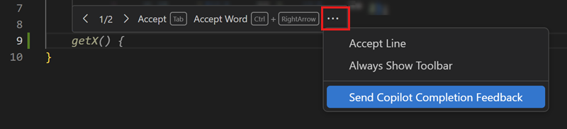 Screenshot that shows sending Copilot Completion Feedback action in the editor.