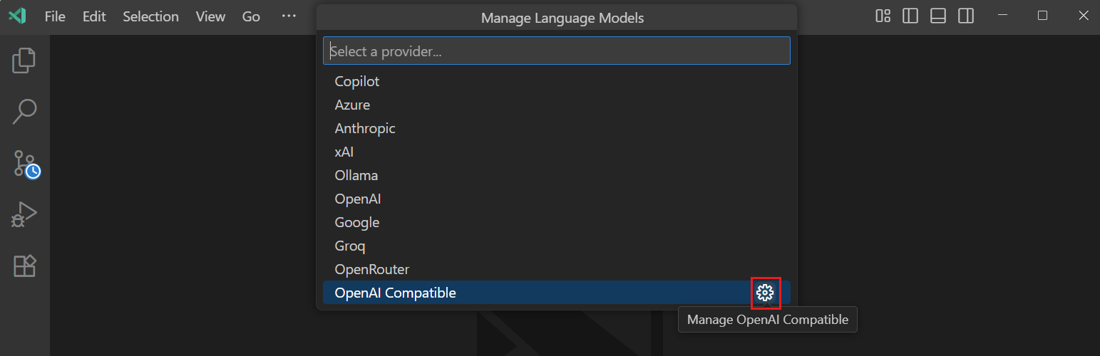 Screenshot that shows the model provider Quick Pick, with a gear icon next to the OpenAI Compatible provider name.