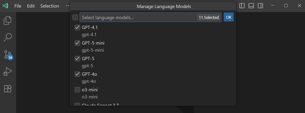 Screenshot that shows the model Quick Pick to choose which models to show in the model picker.