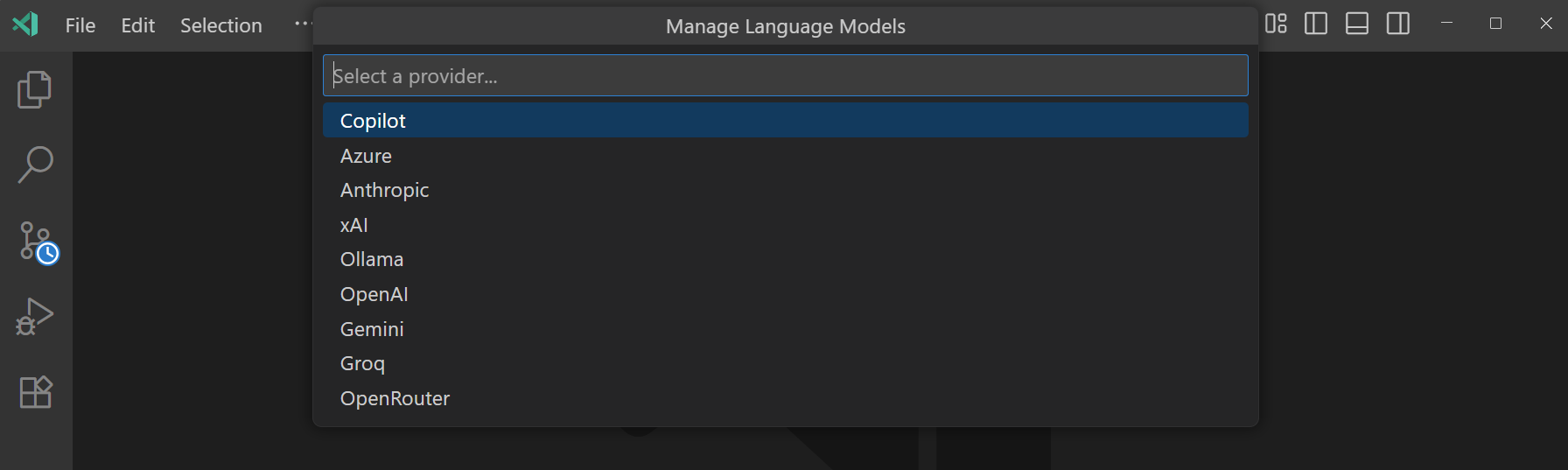 Screenshot that shows the model provider Quick Pick.