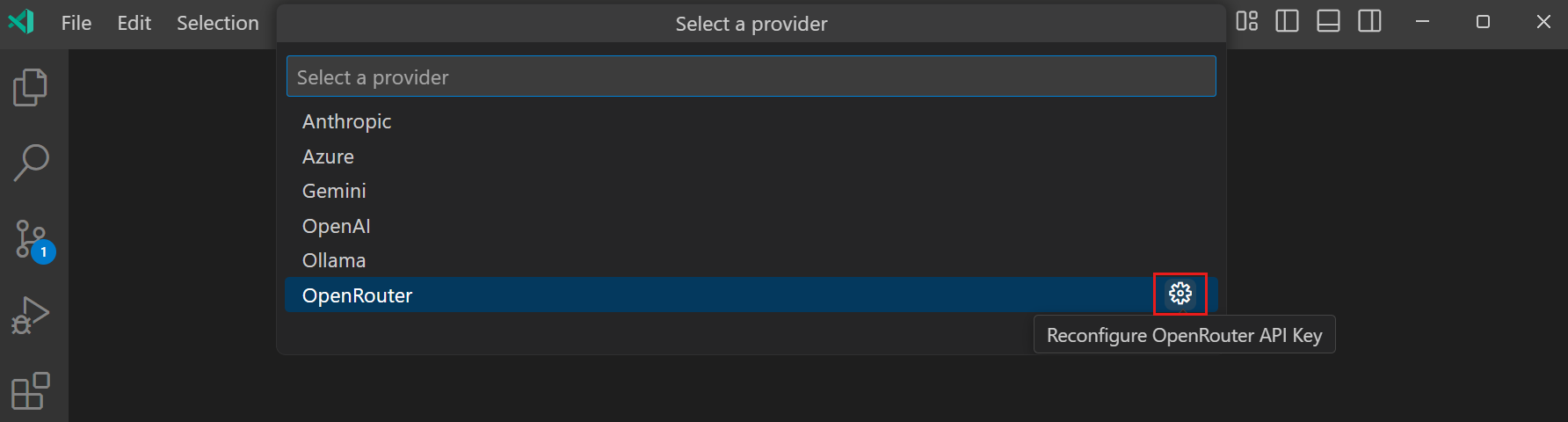 Screenshot that shows the model provider Quick Pick, with a gear icon next to the provider name.