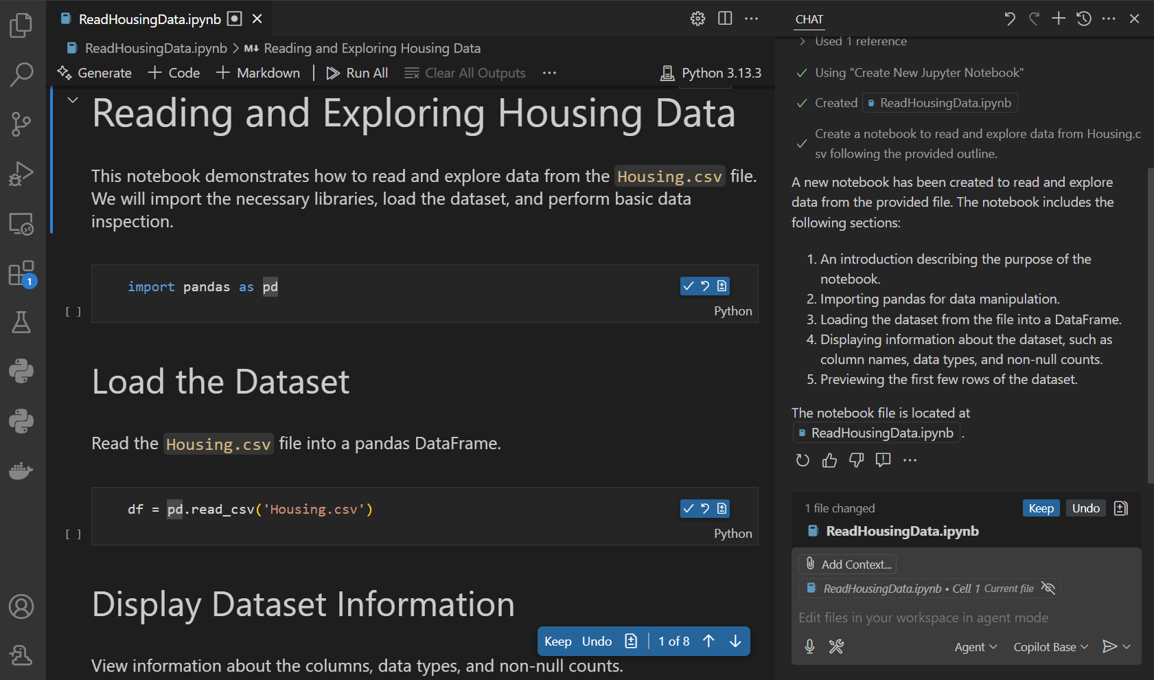 Screenshot that shows a new notebook created by agent mode that reads the 'housing.csv' file in the workspace.