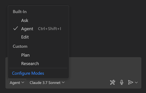 Screenshot showing the Chat view, highlighting the chat mode dropdown list.