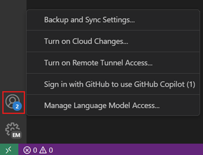 Accounts menu in VS Code, showing the option to sign in with GitHub to use GitHub Copilot.