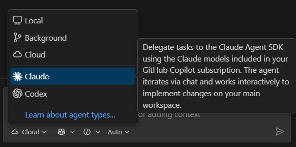 Screenshot showing session type dropdown with Claude agent option selected.