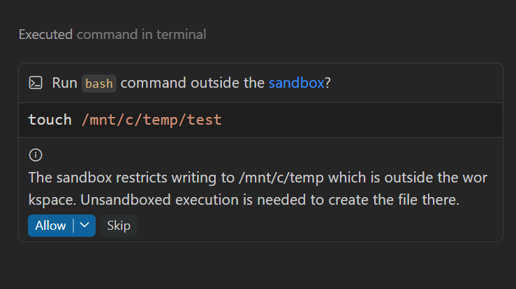Screenshot of a VS Code prompt asking the user to allow a command to run outside the sandbox for additional permissions.