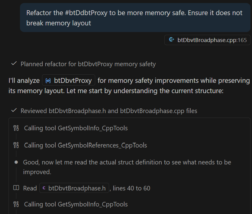 Screenshot of the Chat view, showing a prompt to refactor a symbol to be memory-safe, which invokes the get symbol info tool.