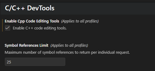 Screenshot of the Settings editor, showing the symbol references limit setting.