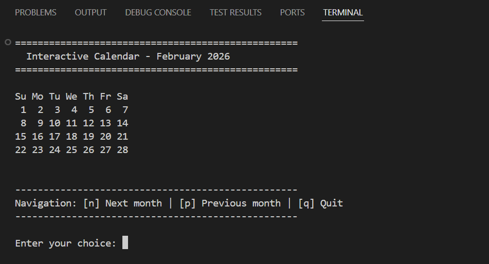 Screenshot that shows the terminal with the interactive calendar generated by AI.