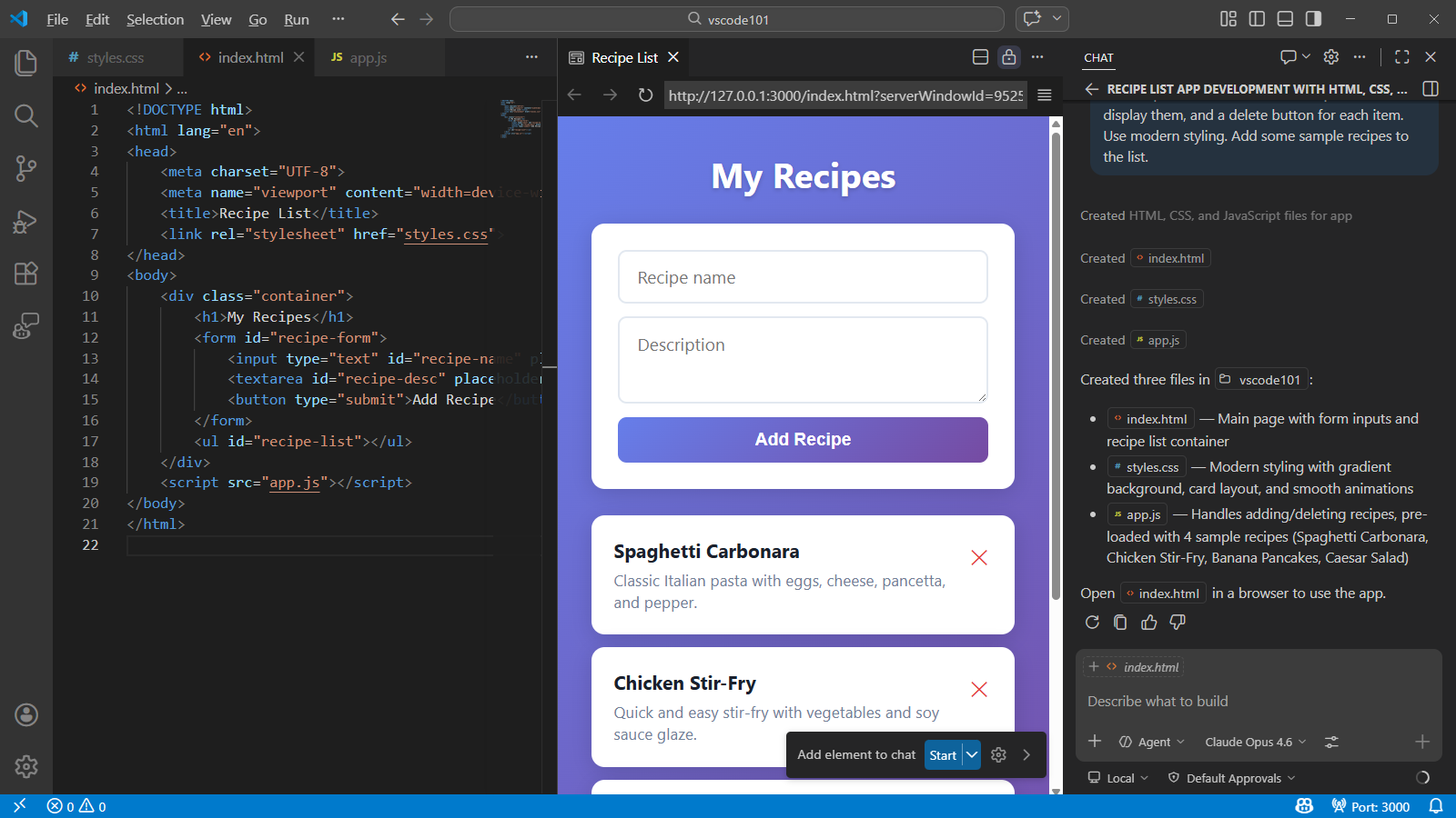 Screenshot that shows the recipe list app preview.