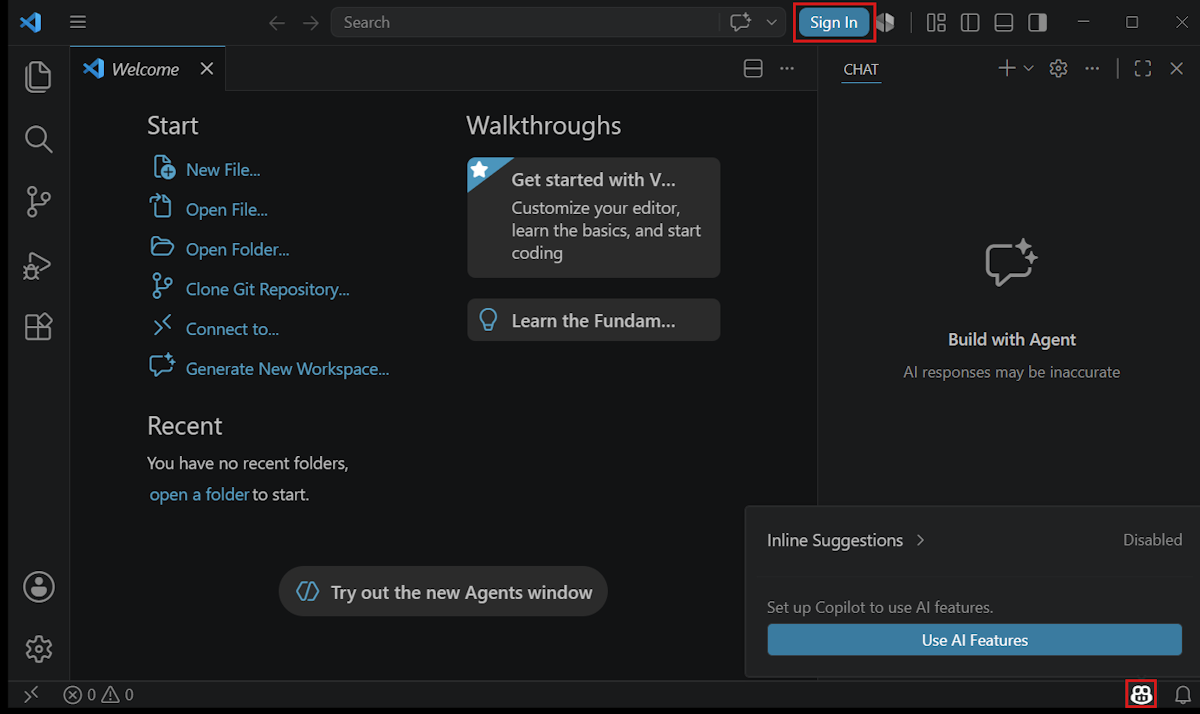 Screenshot showing a new VS Code window, highlighting the Copilot icon in the Status Bar and the Sign In button in the VS Code title bar.