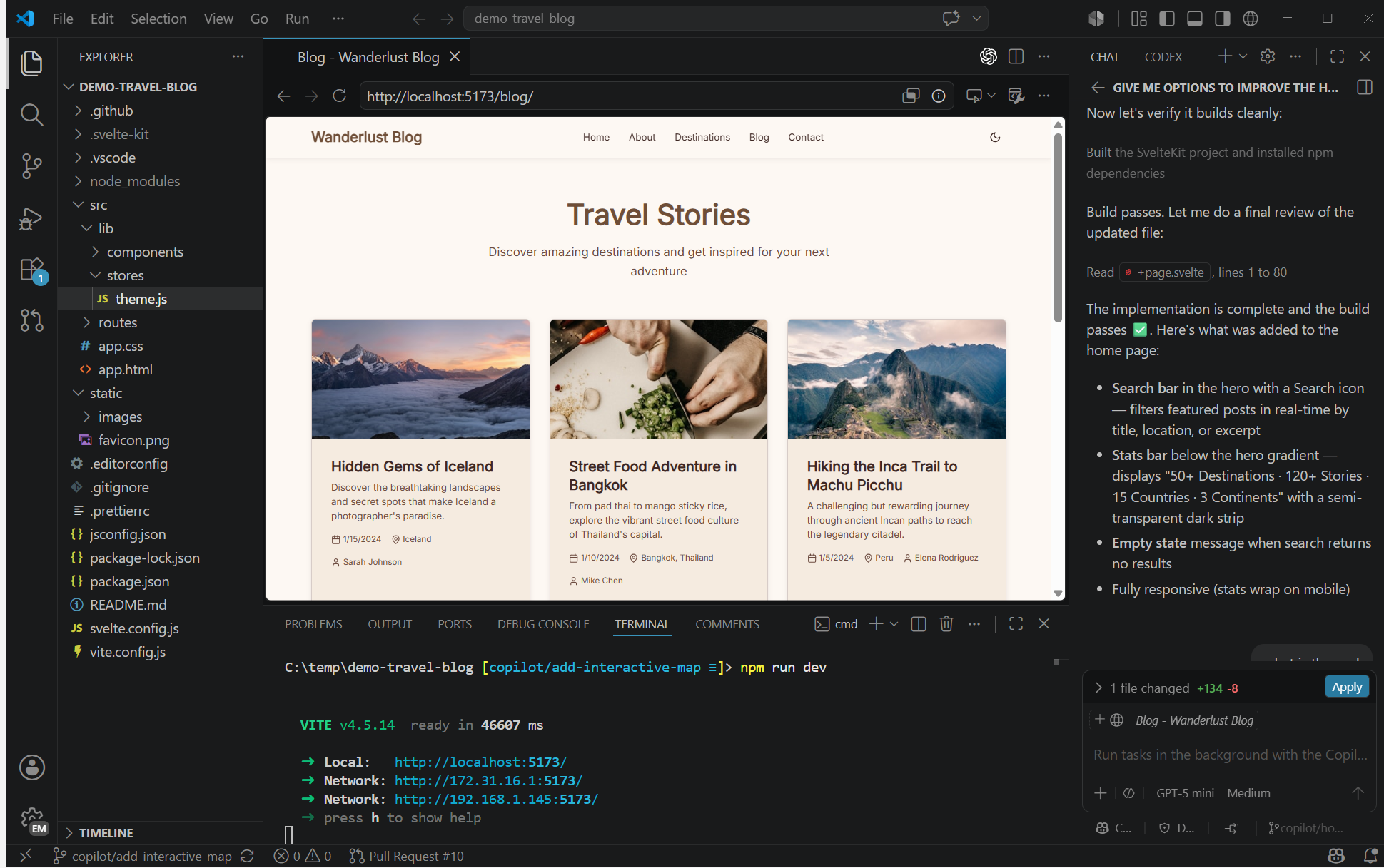 Screenshot of VS Code with a travel blog project open, showing an agent session in the Chat view and previewing the site in the integrated browser.