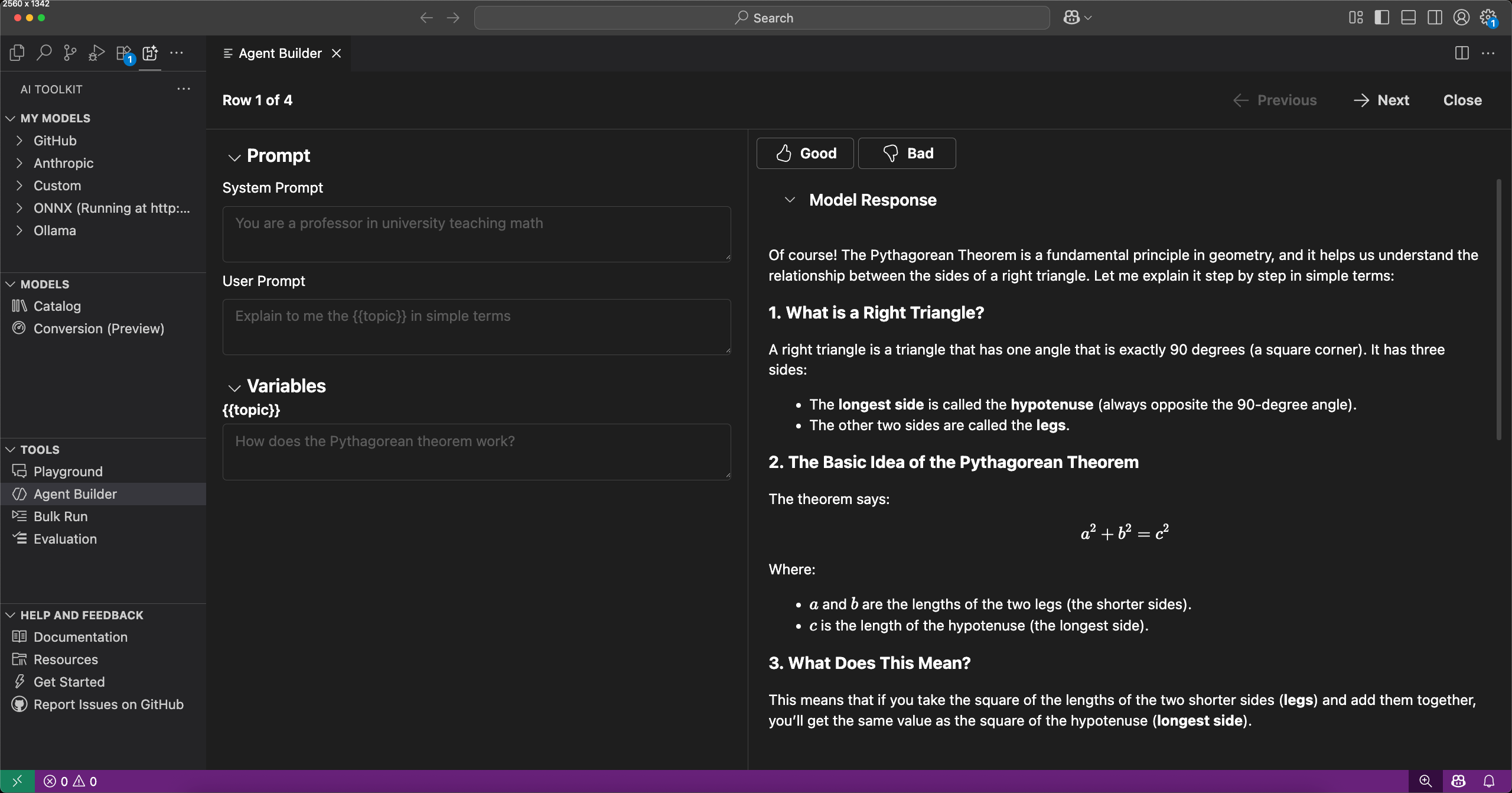 Screenshot showing detailed view of evaluation results with a modal dialog displaying a full conversation between user and assistant about weather queries.