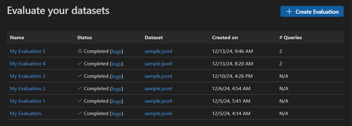 Screenshot showing the start of an evaluation in AI Toolkit.