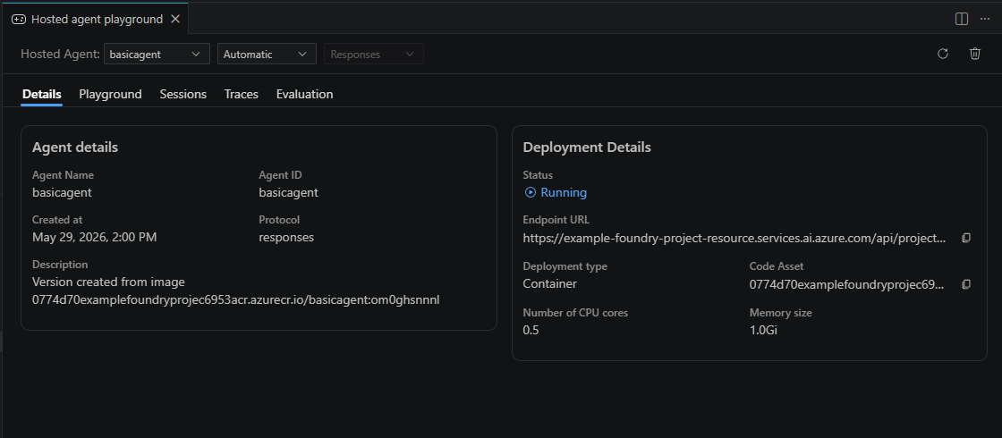 Screenshot showing the Agent Playgroud with the Details tab selected.