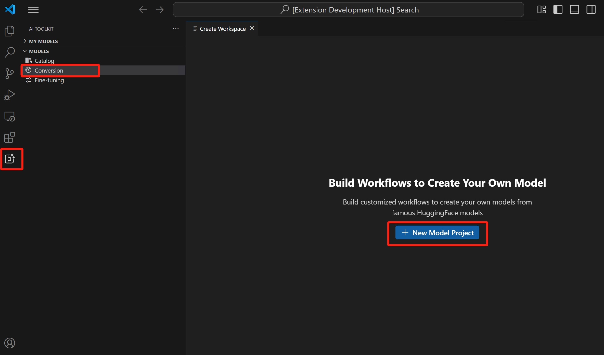 Screenshot that shows view for creating model project, including Primary Side Bar and create project button.