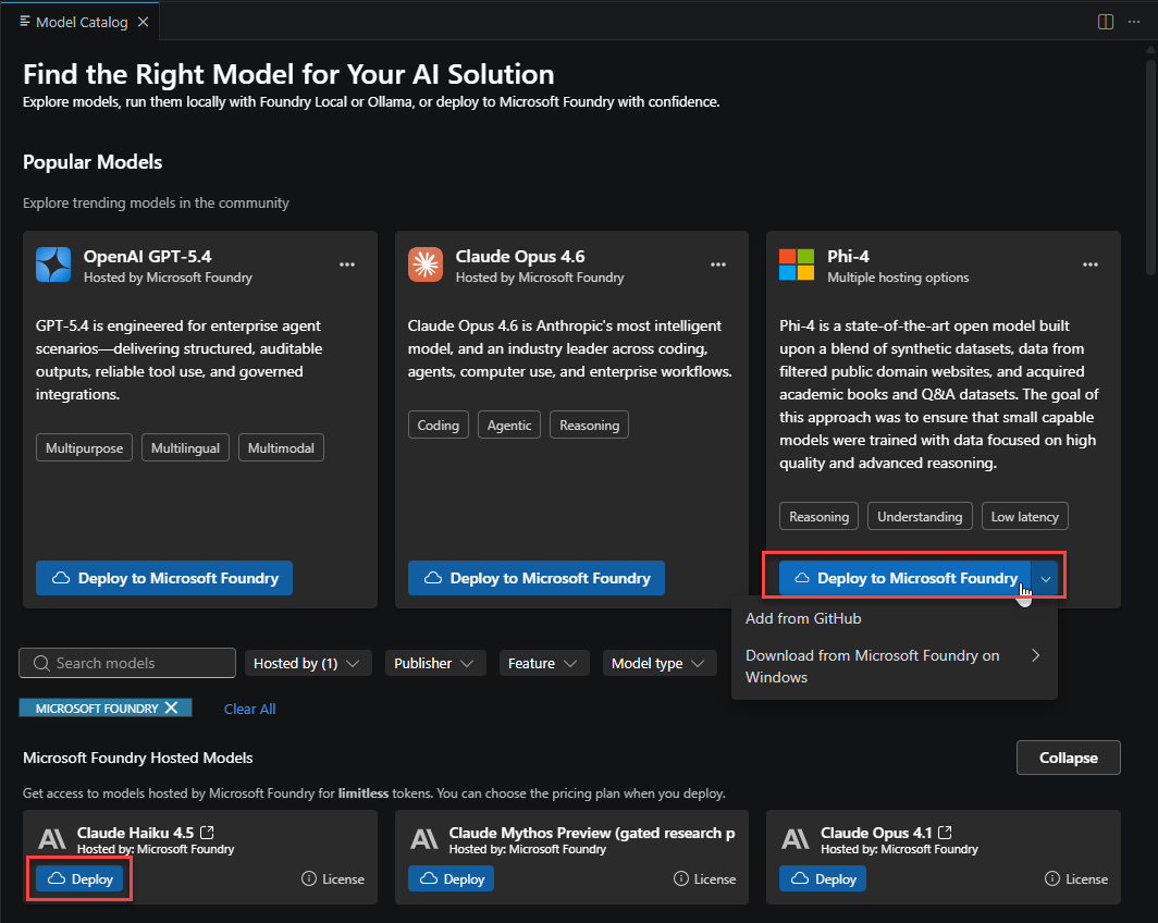 Screenshot of the Foundry Toolkit interface showing the model catalog with a model selected and the Deploy to Microsoft Foundry button highlighted.