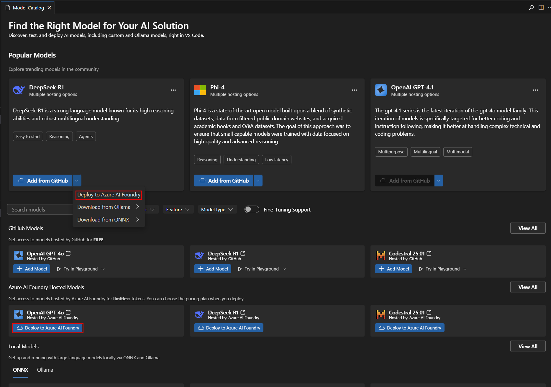 Screenshot of the AI Toolkit interface showing the model catalog with a model selected and the Deploy to Azure AI Foundry button highlighted.