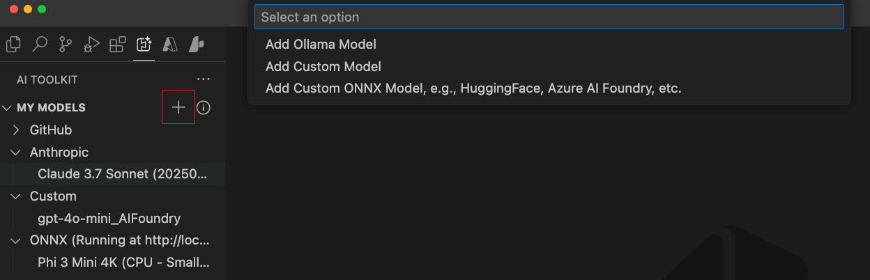 Screenshot of the AI Toolkit interface showing the Model Catalog toolbar with the + Add model button highlighted, indicating where users can click to add a new custom model.