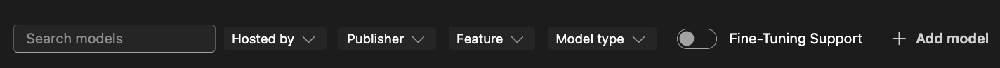 Screenshot of the AI Toolkit interface showing the Model Catalog toolbar with the + Add model button highlighted. The toolbar is located at the top of the catalog view, and the + Add model button is emphasized to indicate where users can click to add a new custom model.