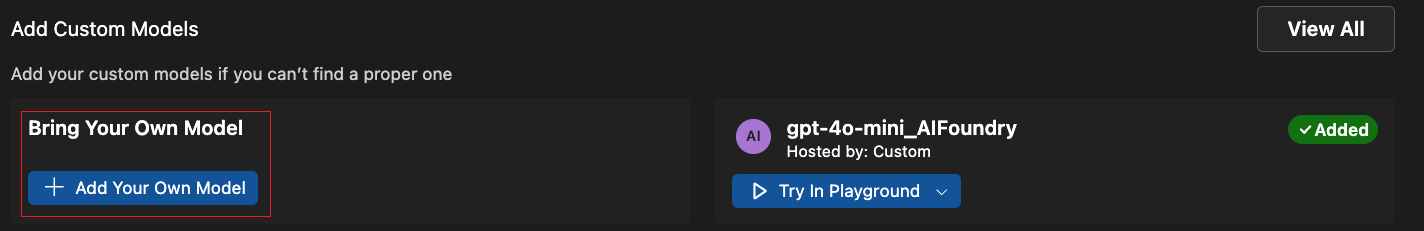 Screenshot of the AI Toolkit interface showing the Custom Models section in the model catalog. The + Add model button is highlighted, indicating where users can click to add a new custom model.